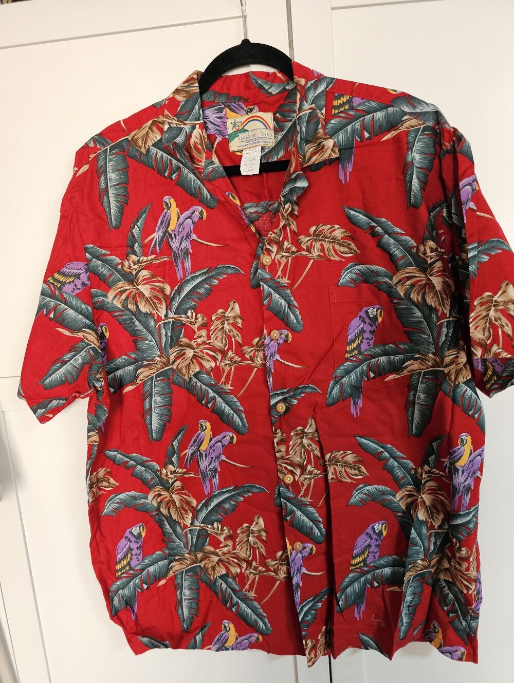 Vtg Paradise Found Hawaiian Shirt XL Fits 2XL Jungle Bird Red Magnum PI Hawaii